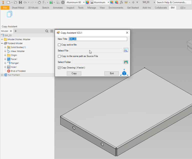 The Copy Assistant dialog open in Autodesk Inventor with the Copy Drawing (if exist) option ticked