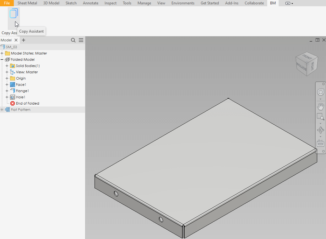 The Copy Assistant button in the BM tab of the Autodesk Inventor ribbon, with a sheet metal part open