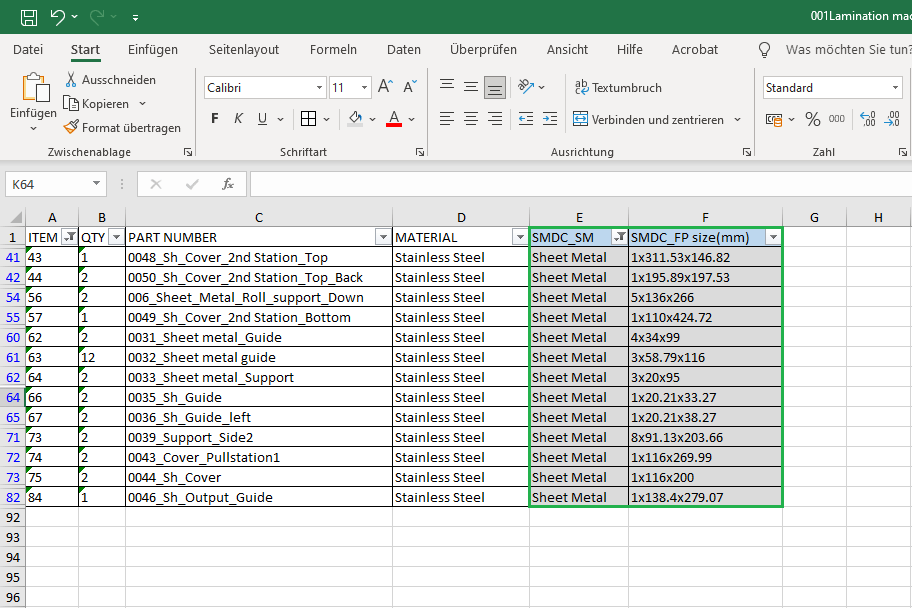 Exported parts list from Inventor in Excel with part number, quantity, material and a flat pattern size column