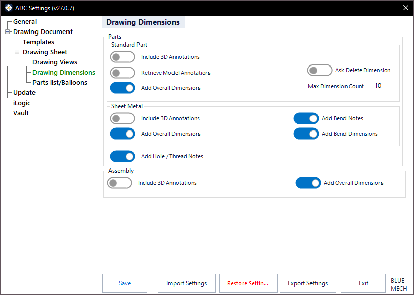 ADC Settings — Dimensions tab