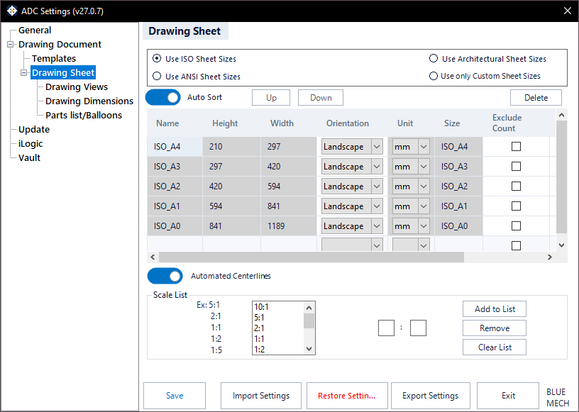 ADC Settings — Drawing Sheet tab