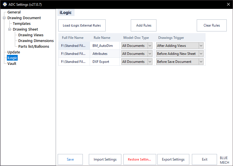 ADC Settings — iLogic tab