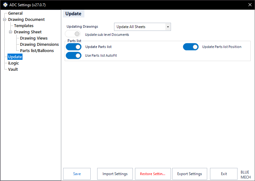 ADC Settings — Update tab