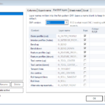 Axcast flat-pattern DXF settings: DXF version and per-layer names and colours for bends, profiles and tool centres