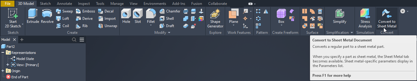 The Convert to Sheet Metal command on the Autodesk Inventor 3D Model tab, which turns a standard part into a sheet metal part