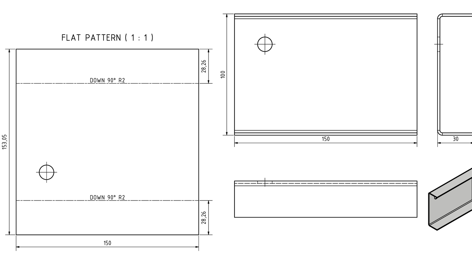 An Inventor sheet metal flat pattern on a drawing sheet with bend notes and dimensions, beside the folded views of the same part