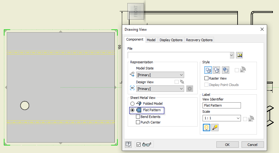 Placing an Inventor sheet metal flat pattern as a drawing view: the Drawing View dialog with Sheet Metal View set to Flat Pattern and the scale at 1:1