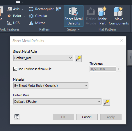 The Inventor Sheet Metal Defaults dialog showing the sheet metal rule, thickness, material and the Default_KFactor unfold rule that decides an inventor sheet metal flat pattern developed length