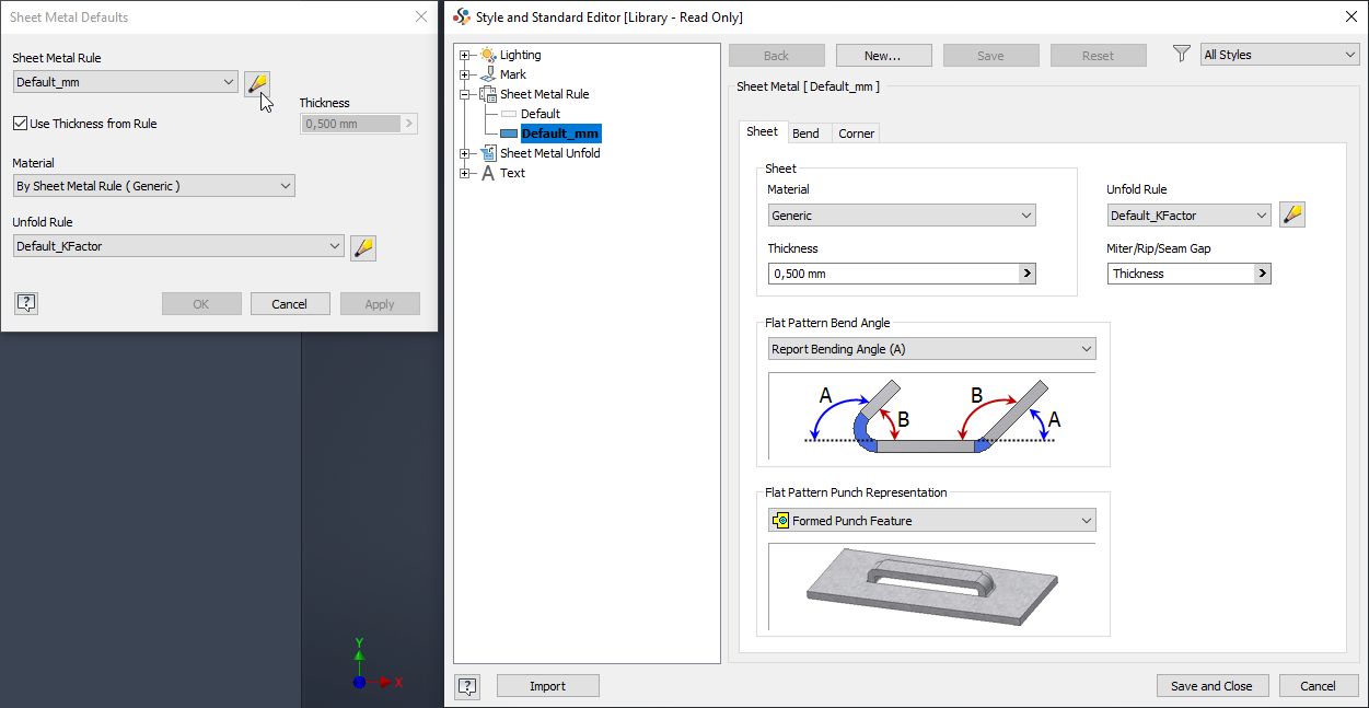 The Inventor Style and Standard Editor showing the sheet metal rule library, where thickness and the unfold rule are defined once for everyone