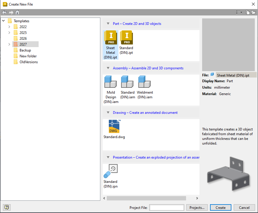 The Autodesk Inventor Create New File dialog with the Sheet Metal (DIN) template selected beside the Standard part template