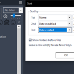 Workspace sort dialog for Autodesk Inventor: sort files and folders by name, date modified or date created, with up to three keys and folders shown first