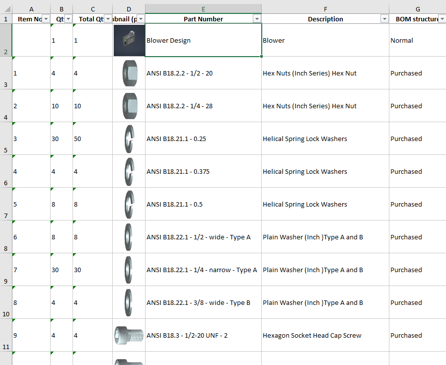 A BOM exported from Autodesk Inventor to Excel with Axcast: filter dropdowns in the header row and a thumbnail of each part