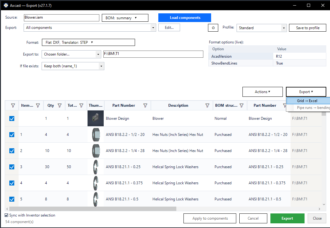 Axcast for Autodesk Inventor: the assembly BOM loaded into a grid with thumbnails, and Export → Grid → Excel