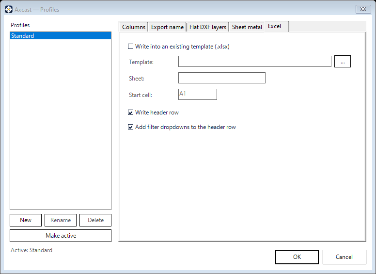 The Excel tab of Axcast for Autodesk Inventor: write the component list into your own Excel template at a chosen start cell