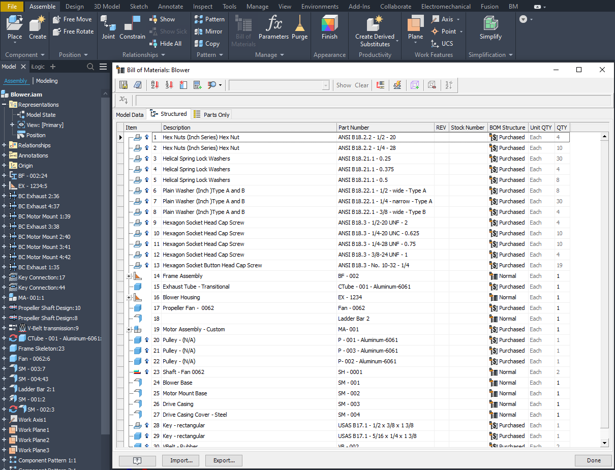 The Bill of Materials dialog in Autodesk Inventor with the Export Bill of Materials icon at the top left of the toolbar and the Structured and Parts Only tabs