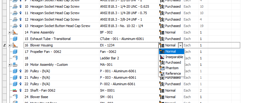 The BOM Structure dropdown in the Autodesk Inventor Bill of Materials: Normal, Inseparable, Purchased, Phantom and Reference