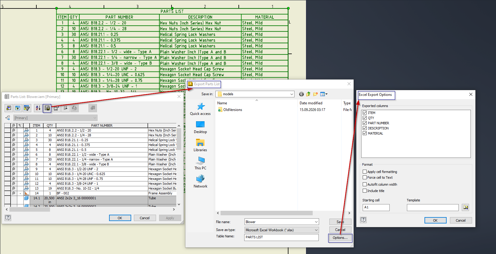 Exporting a drawing parts list in Autodesk Inventor: Edit Parts List, the Export Parts List save dialog and the Excel Export Options